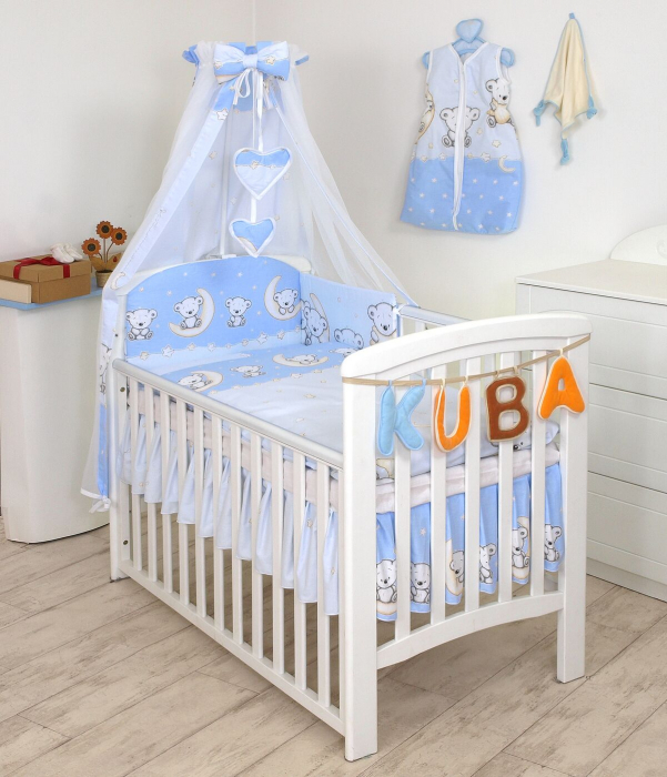 Set lenjerie din bumbac cu protectie laterala pentru pat bebe 120 x 60 cm, Ursulet pe luna Albastru, Amy [3]