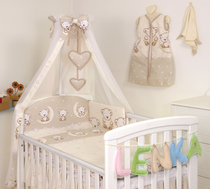 Set lenjerie din bumbac cu protectie laterala pentru pat bebe 120 x 60 cm, Ursulet pe luna Crem, Amy [3]
