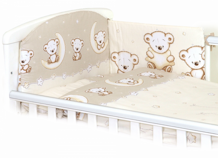 Set lenjerie din bumbac cu protectie laterala pentru pat bebe 120 x 60 cm, Ursulet pe luna Crem, Amy [4]