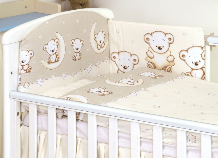 Set lenjerie din bumbac cu protectie laterala pentru pat bebe 120 x 60 cm, Ursulet pe luna Crem, Amy [2]