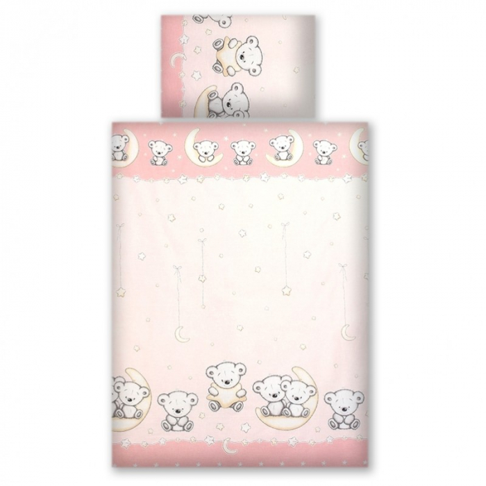 Set lenjerie din bumbac cu protectie laterala pentru pat bebe 120 x 60 cm, Ursulet pe luna Roz, Amy [2]
