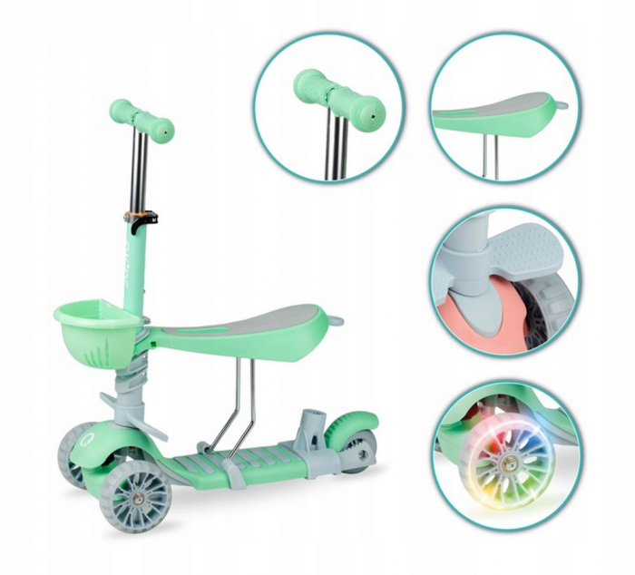 Trotineta 3 in 1, QKIDS, ILI  Green, cu 3 roti, Maner pentru parinte, Scaun reglabil pe 3 trepte, Frana flexbrake, Cos pentru accesorii, Pliabila [2]