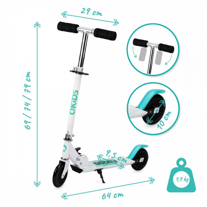 Trotineta copii, QKIDS, FLO Blue, Rulmenti ABEC-9, Roti poliuretan 85A, Ghidon T-shape, Platforma anti-derapanta, Defender brake, Aluminiu [3]