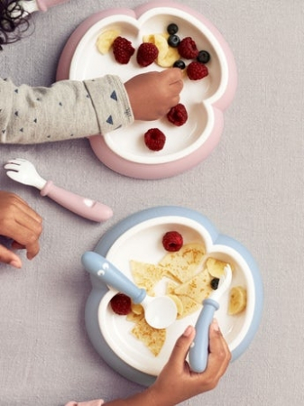  2 Seturi hranire: farfurie, lingurita si furculita pentru bebe, Powder Blue [1]