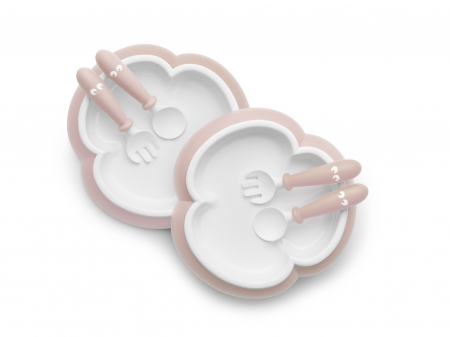 Articole de masa - 2 Seturi hranire: farfurie, lingurita si furculita pentru bebe, Powder Pink