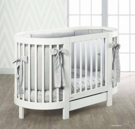 Paturi ovale din lemn - Pat bebe evolutiv oval 2 in 1  Giulia alb cu 2 saltele incluse -ALB