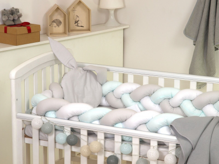 Aparatoare laterala pat Bumper impletit, Cu inchidere velcro, Bumbac Alb - Gri - Mint, 340x21 cm [3]