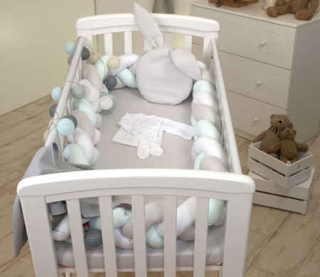 Aparatoare laterala pat Bumper impletit, Cu inchidere velcro, Bumbac Alb - Gri - Mint, 340x21 cm [1]