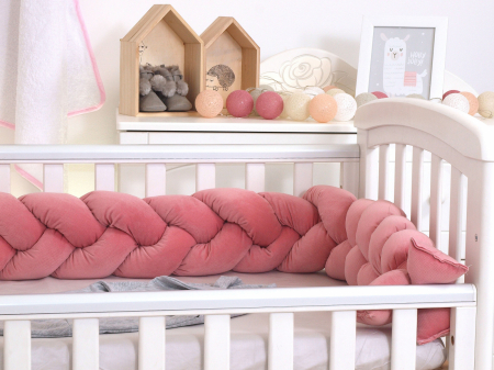 Aparatoare laterala pat Bumper impletit, Cu inchidere velcro, Bumbac Velvet Roz, 210x21 cm [1]