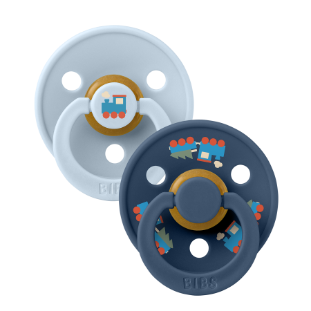 PUERICULTURA - BIBS - Set 2 suzete Colour Studio Collection Holiday Train Steel, tetina rotunda, 0 luni+, Baby Blue