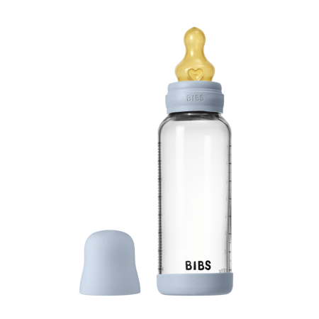 Biberoane - BIBS - Set complet biberon din sticla anticolici cu tetina din latex, flux mediu, 240 ml, Baby Blue