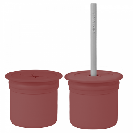 Articole de masa - Cana Cu Pai Si Recipient Gustari Minikoioi, 100% Premium Silicone, Sip+Snack – Velvet Rose / Powder Grey