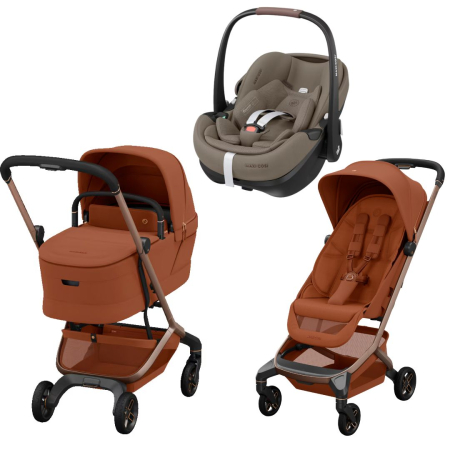 CARUCIOARE DE LA NASTERE CU SCOICA - Cărucior 3 în 1 Maxi-Cosi Fame Cabin cu Landou Cabin Cot Copper Terra + Scoică Auto Pebble 360 Pro2 i-Size
