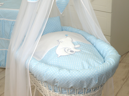 Cos bebe cu suport pe roti, saltea, lenjerie si baldachin, Bear Heart Blue [1]