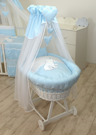 Cos bebe cu suport pe roti, saltea, lenjerie si baldachin, Bear Heart Blue [0]