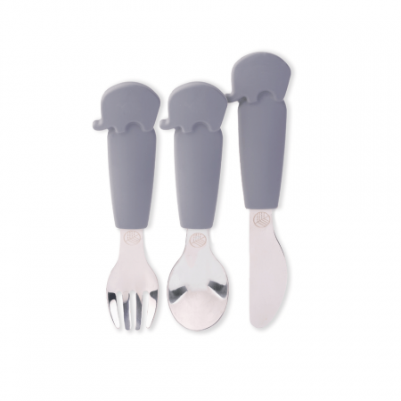 BEBE LA MASA - Ecorascals - Set de cutit, furculita si lingurita din inox si silicon, argintiu