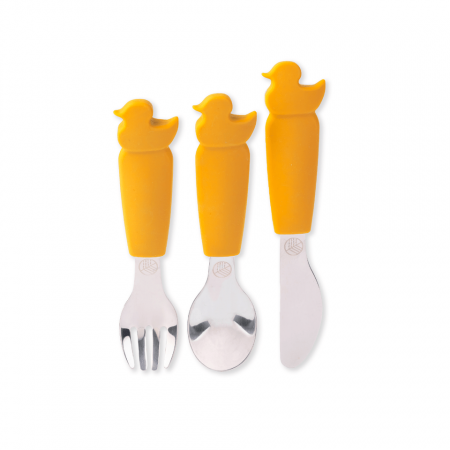 BEBE LA MASA - Ecorascals - Set de cutit, furculita si lingurita din inox si silicon, mustar