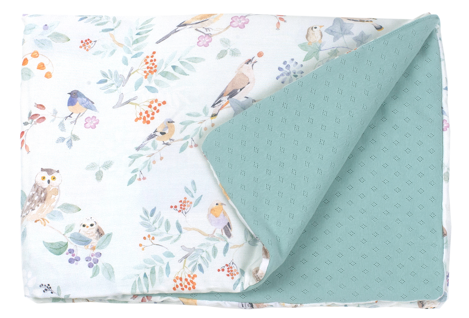 Paturica pentru copii din bambus cu doua fete Amy Bamboo Pasari Mint, 100x140cm