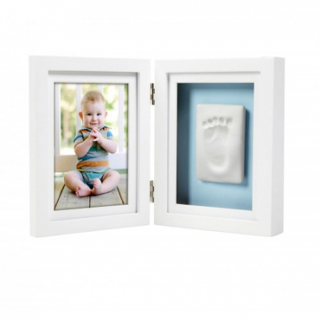 Cadouri baby shower - Pearhead - Kit rama foto dubla cu amprenta mulaj manuta sau piciorus - alba