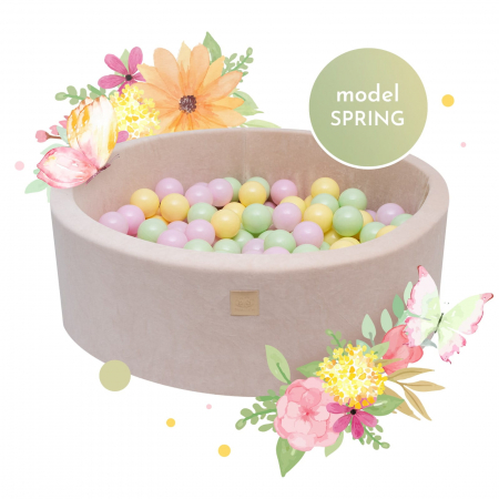 Piscina uscata cu 250 de bile (Pastel Roz si Galben, verde deschis) MeowBaby  , Spring, 90x30 cm, Catifea Ecru [1]