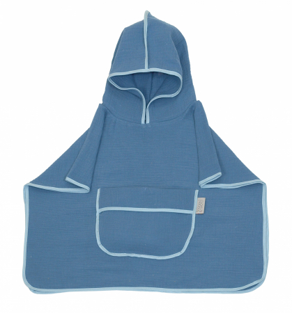 Prosop din bumbac muselina cu gluga si buzunar pentru bebelusi si copii, Poncho, Blue, 60x65 cm [1]