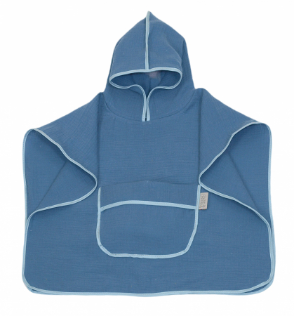 Halate si Prosoape - Prosop din bumbac muselina cu gluga si buzunar pentru bebelusi si copii, Poncho, Blue, 60x65 cm
