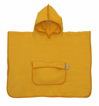 Prosop din bumbac muselina cu gluga si buzunar pentru bebelusi si copii, Poncho, Galben, 60x65 cm [2]