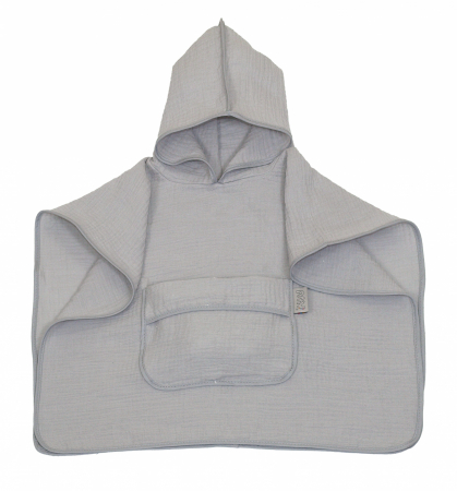 Halate si Prosoape - Prosop din bumbac muselina cu gluga si buzunar pentru bebelusi si copii, Poncho, Gri, 60x65 cm