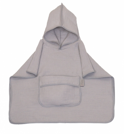 Prosop din bumbac muselina cu gluga si buzunar pentru bebelusi si copii, Poncho, Gri, 60x65 cm [1]