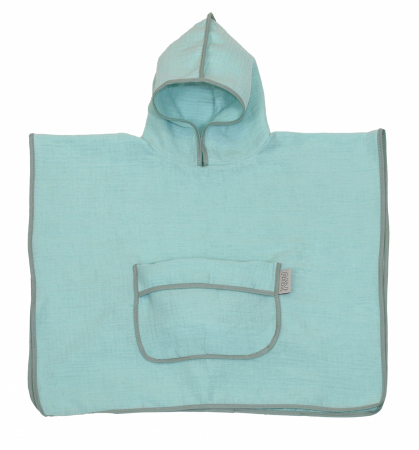 Prosop din bumbac muselina cu gluga si buzunar pentru bebelusi si copii, Poncho, Mint, 60x65 cm [2]