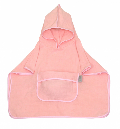 Prosop din bumbac muselina cu gluga si buzunar pentru bebelusi si copii, Poncho, Rose, 60x65 cm [1]