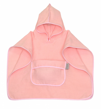 Halate si Prosoape - Prosop din bumbac muselina cu gluga si buzunar pentru bebelusi si copii, Poncho, Rose, 60x65 cm