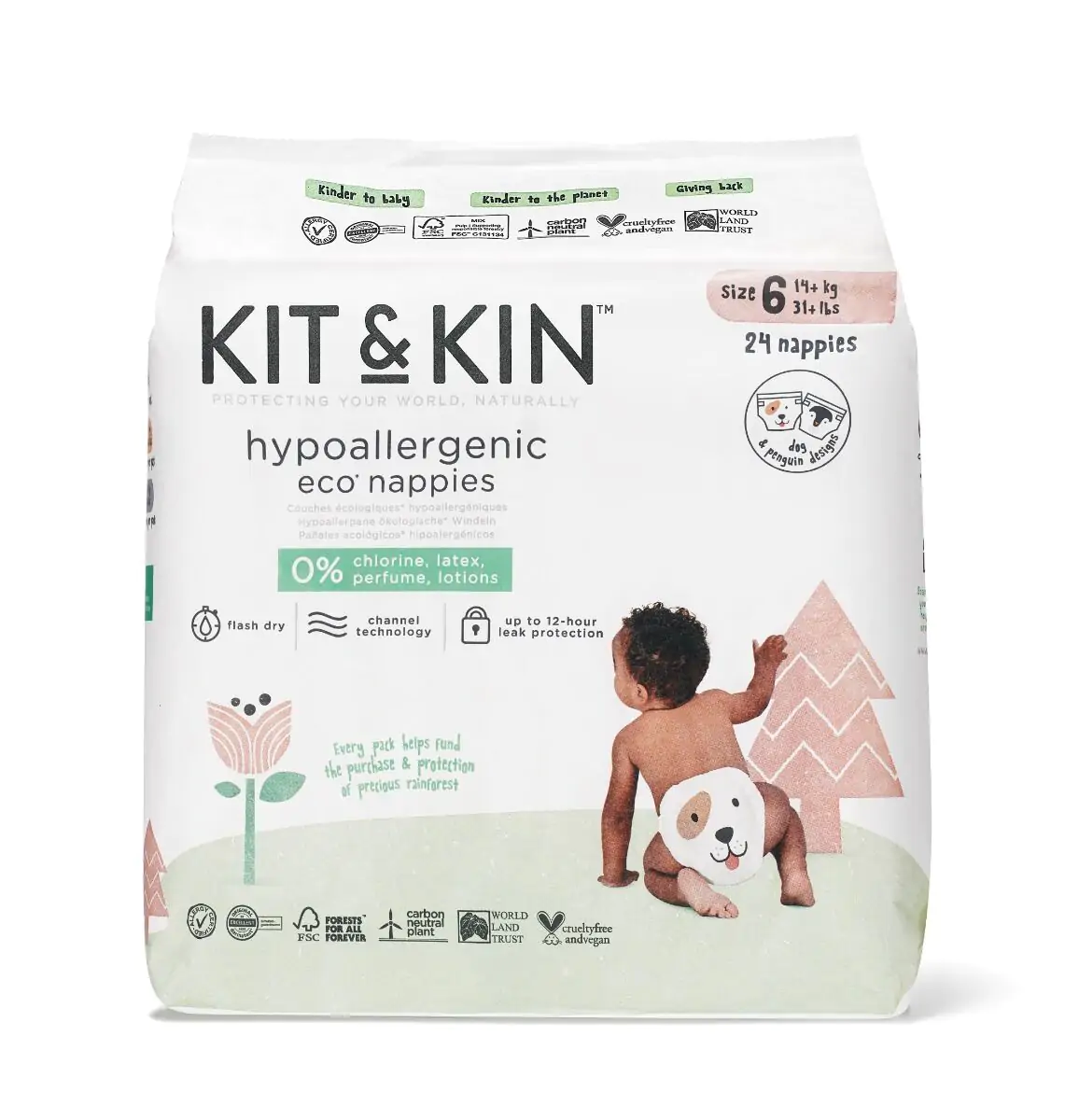 Scutece premium - Scutece Hipoalergenice Eco Kit&Kin, Marimea 6, 14 kg+, 24 buc -protectie 12 ore, sustenabile