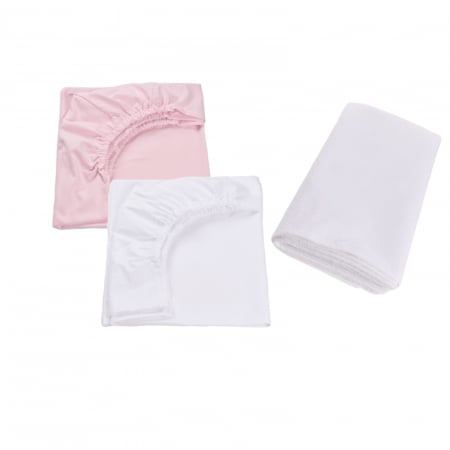 Lenjerii de pat - Set 2 cearsafuri patut 120x60 cm bumbac 100% alb roz+ Protectie impermeabila