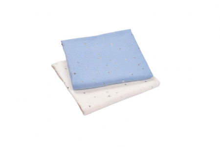 PUERICULTURA - Set 2 museline bumbac organic bleu si crem cu stelute 80x80 cm