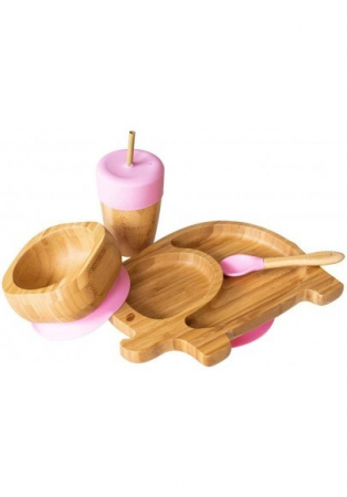 BEBE LA MASA - Set cadou din bambus Elefantel, roz, Eco rascals