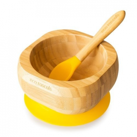 Articole de masa - Set castron si lingura din bambus, galben, eco rascals