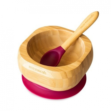 Articole de masa - Set castron si lingura din bambus, rosu, eco rascals