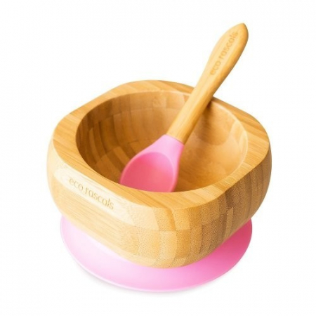 Articole de masa - Set castron si lingura din bambus, roz, eco rascals