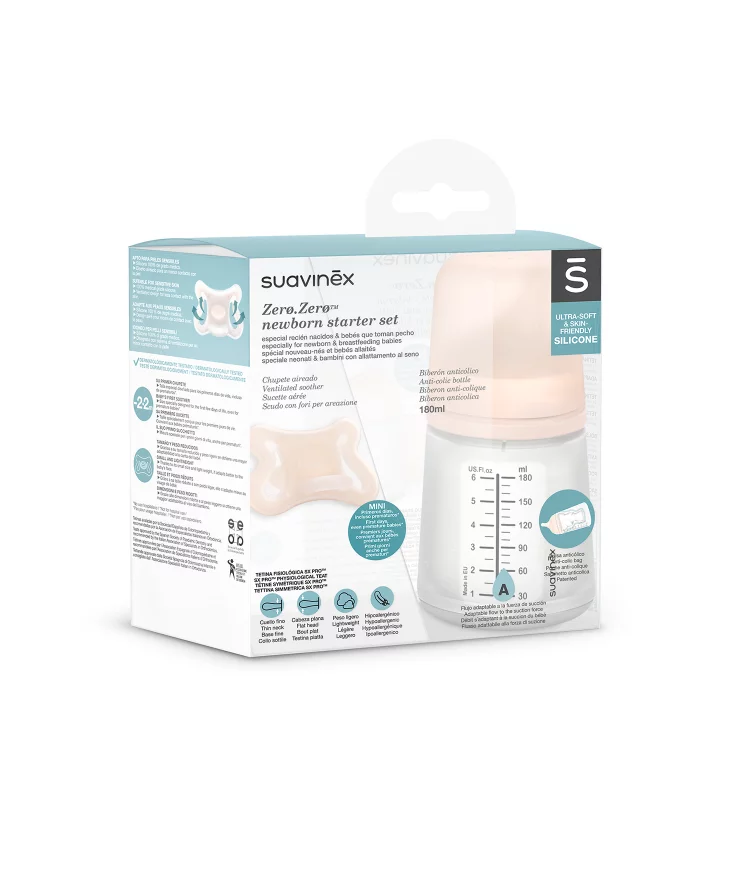 Cadouri baby shower - SET DE START Suavinex  Biberon 180 ML VARIABIL + SUZETĂ - de la 0 pana  la 2 luni M ZERO ZERO