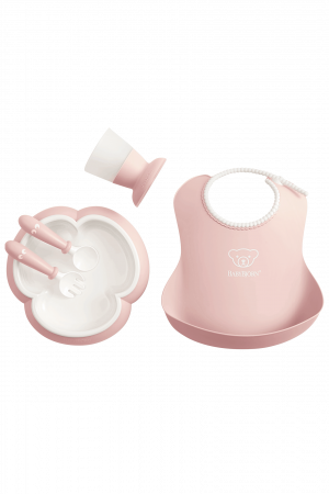 BEBE LA MASA - Set hranire: farfurie, lingurita, furculita, pahar si bavetica pentru bebe, Powder Green