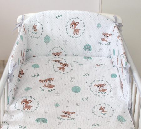 Lenjerii de pat - Set lenjerie din bumbac cu protectie laterala pentru pat bebe 120 x 60 cm, Caprioara mica, Amy