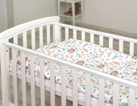 Set lenjerie din bumbac cu protectie laterala pentru pat bebe 120 x 60 cm, Iepuras Blue, Amy [2]