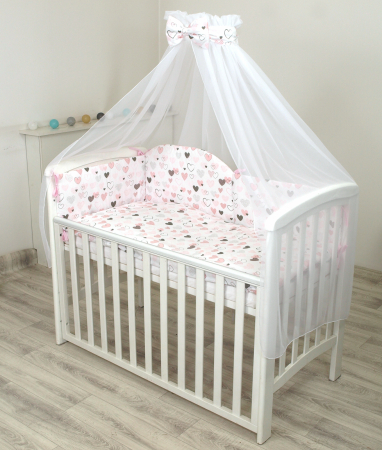 Set lenjerie din bumbac cu protectie laterala pentru pat bebe 120 x 60 cm, Inimioare , Amy [1]
