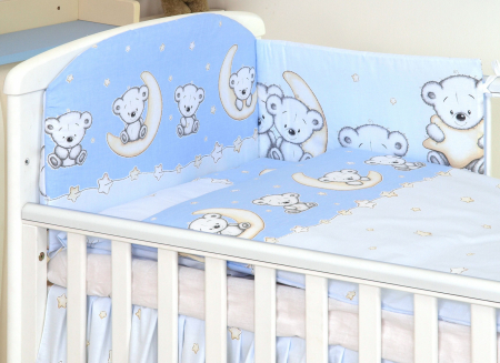 Lenjerii de pat - Set lenjerie din bumbac cu protectie laterala pentru pat bebe 120 x 60 cm, Ursulet pe luna Albastru, Amy