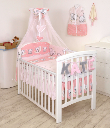 Set lenjerie din bumbac cu protectie laterala pentru pat bebe 120 x 60 cm, Ursulet pe luna Roz, Amy [2]