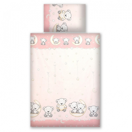 Set lenjerie din bumbac cu protectie laterala pentru pat bebe 120 x 60 cm, Ursulet pe luna Roz, Amy [1]