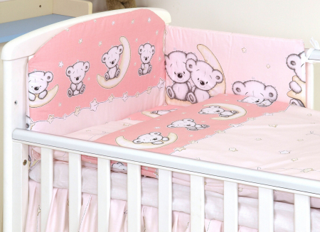 Lenjerii de pat - Set lenjerie din bumbac cu protectie laterala pentru pat bebe 120 x 60 cm, Ursulet pe luna Roz, Amy