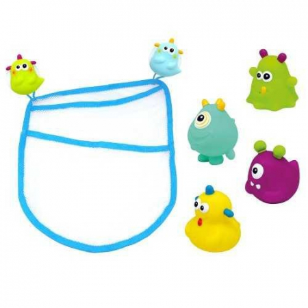 Jucarii de baie - Set saculet si 4 jucarii tasnitoare Happy Monster Escabbo 37027