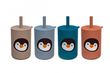 BEBE LA MASA - Cana din silicon cu pai pentru copii cu imprimeu cu pinguini